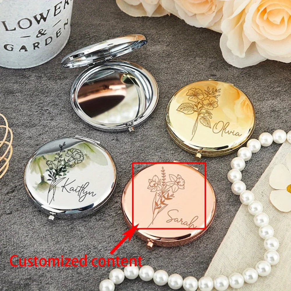 Engraved Birth Flower Compact Mirror - Personalized Name Pocket Mirror Gift for Her