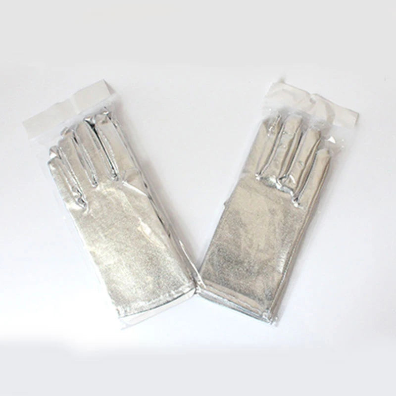 Gold Silver Metallic Faux Leather Short Gloves – Sexy Wet Look Party, Evening & Performance Mittens Handwear
