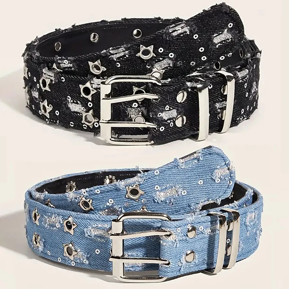Y2K Punk Star Belt - Black Denim Hip Hop Hollow Buckle Waistband for Men & Women