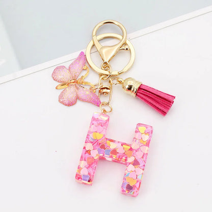 A-Z Letter Acrylic Keychain - Pink Butterfly Tassel Bag Charm & Key Ring