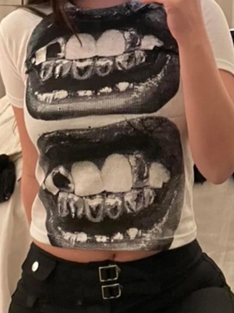 Women’s Y2K Gothic Crop Top - Punk Short Sleeve Streetwear T-Shirt