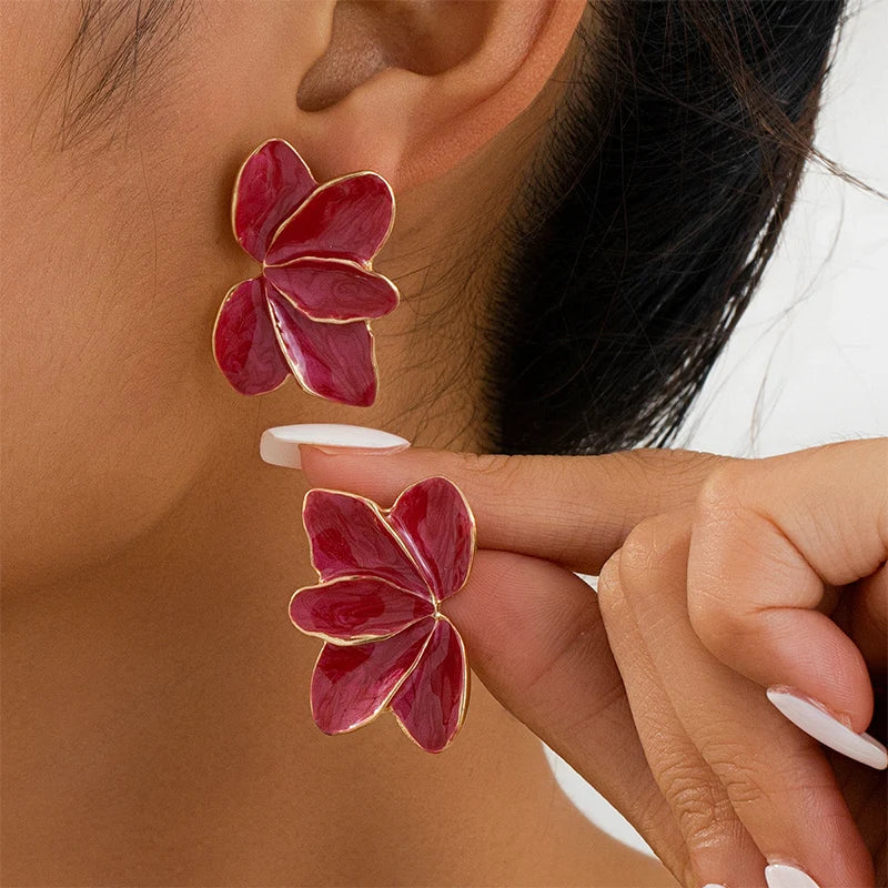 Metal Flower Red Enamel Petal Post Earrings — Trendy Fashion Jewelry for Women, Daily & Holiday Accessories MQ478