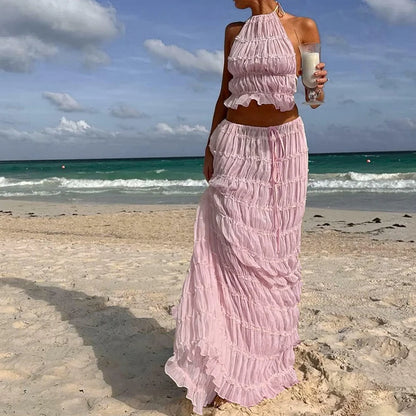 Women’s Boho Sexy Backless 2-Piece Set – Vintage Ruched Halter Cami Top & Maxi Skirt Beach Holiday Party Outfit