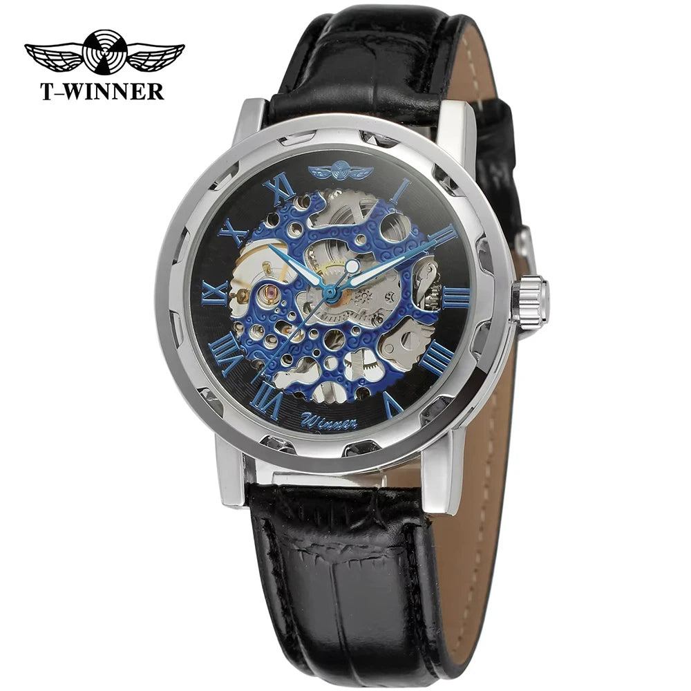 T-Winner Classic Skeleton Watch – Mechanical Hand-Wind Wristwatch with PU Leather Strap for Men & Women