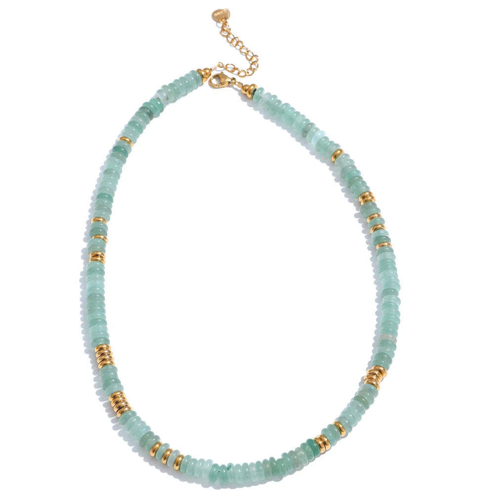 Yhpup Colorful Natural Stone Bead Necklace – Handmade Y2K Stainless Steel Waterproof Chain Jewelry for Women