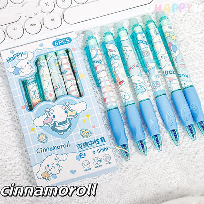 6PCS Sanrio Erasable Gel Pens – Pochacco, Kuromi, Cinnamoroll & Hello Kitty Neutral Ballpoint Pens for Students & Office