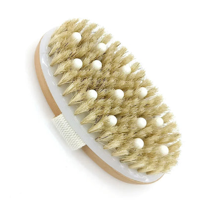 2-in-1 Natural Bristle Body Brush – Dry Skin Exfoliator & Anti-Cellulite Massager for Blood Circulation