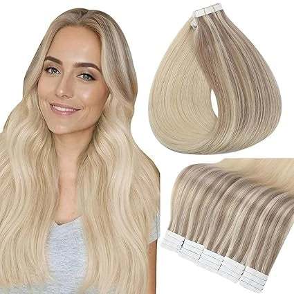 Full Shine Blonde Tape-In Hair Extensions – 100% Remy Human Hair, Double-Sided, Straight, Silky & Comfortable for Women