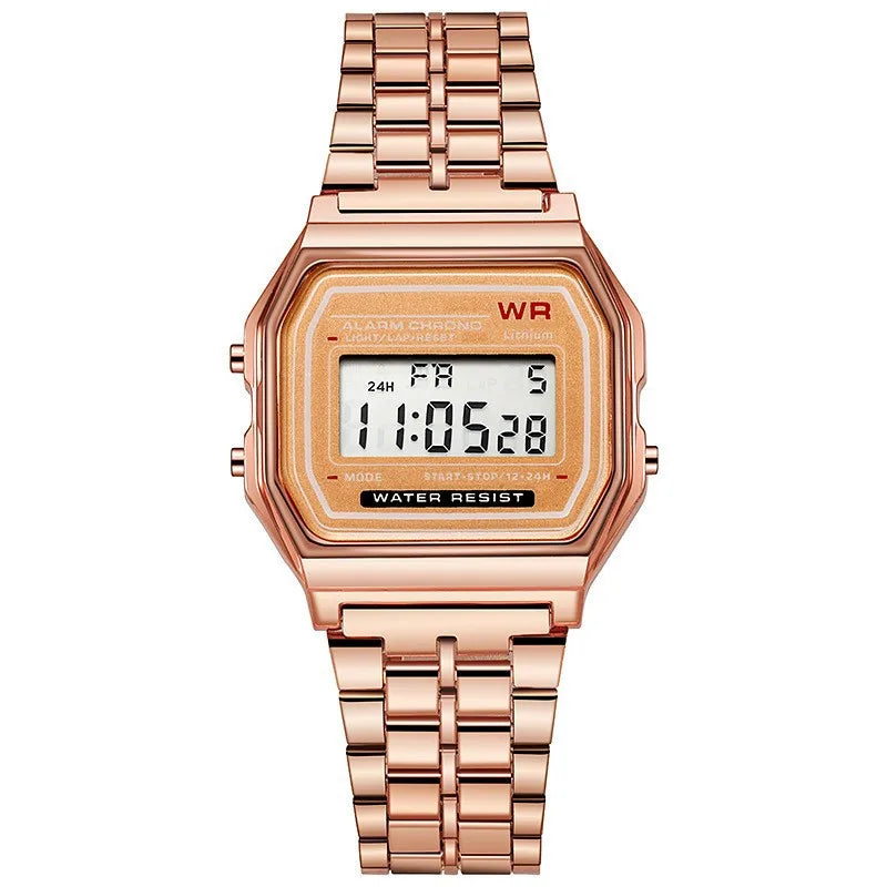 Luxury Rose Gold Digital Watch - Retro Electronic Display Wristwatch for Men and Women
