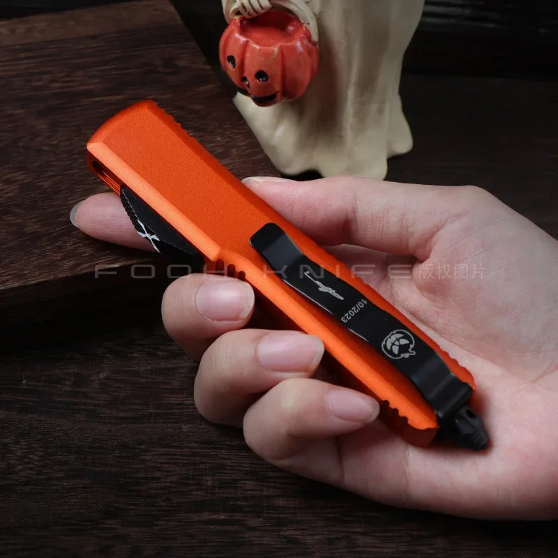 FOOH Knife Studio Halloween UltraTech Micro EDC Tool – Tactical D2 Steel with CNC Aluminum Orange Handle Comb