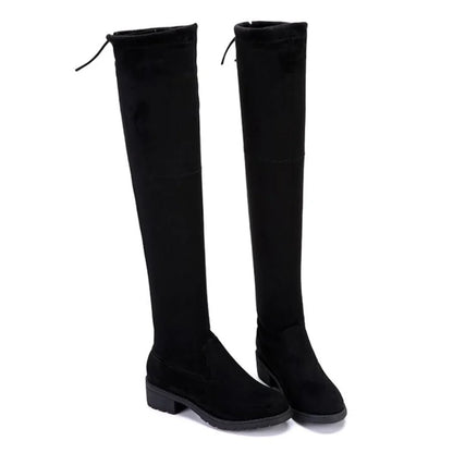2024 Women's Winter Black Over-The-Knee Boots – Comfort Lace-Up, Chunky High Heels, Warm Suede, Round Toe