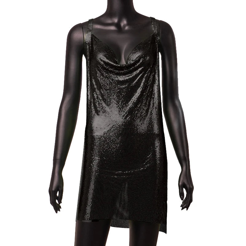 Women’s 90s Rave Glitter Mini Dress – V-Neck Lace-Up Sequin Y2K Clubwear, Sexy Backless Bodycon with Metal Details for Party