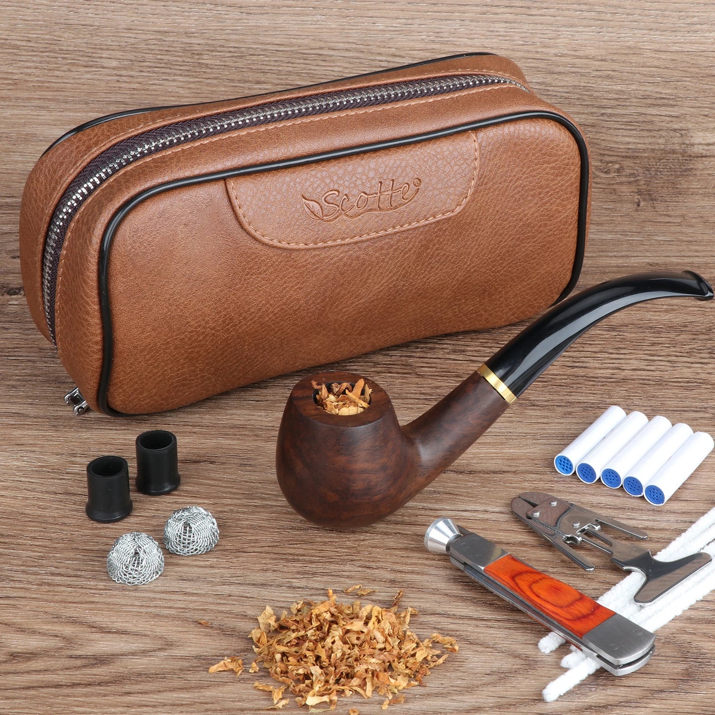 Scotte PU Leather Tobacco Pipe Bag – Portable Case for 2 Pipes with Smoking Accessories