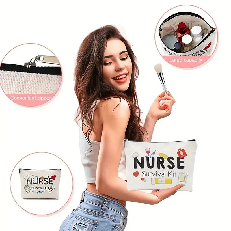 Travel Fashion Cartoon Nurse Print Cosmetic Bag - Women's Designer Makeup Organizer, Heat Transfer Multifunctional Pencil Case