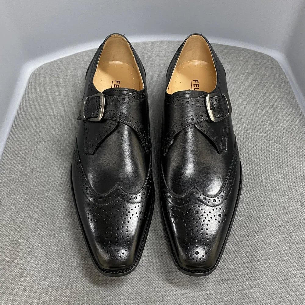 Men’s Luxury Genuine Leather Wingtip Oxfords - Italian Monk Strap Buckle Brogue Shoes for Business & Wedding Formal Wear