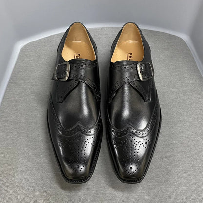 Men’s Luxury Genuine Leather Wingtip Oxfords - Italian Monk Strap Buckle Brogue Shoes for Business & Wedding Formal Wear