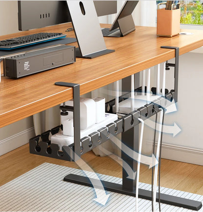 Under Desk Storage Rack – No Drill Metal Cable Management Tray, Retractable Power Strip & Wire Organizer for Home Office Desk Setup