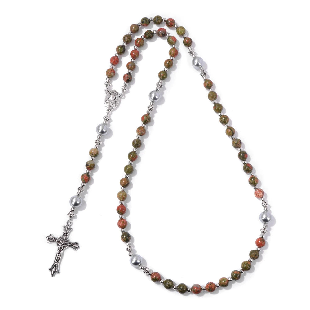 6mm Tiger Eye Rosary Beads Necklace – Catholic Jesus & Virgin Mary Pendant Long Knotted Chain Religious Jewelry for Men & Women