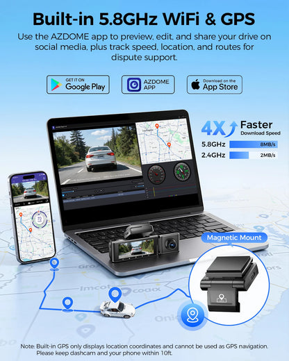 AZDOME M550 Pro 4K Dash Cam - WiFi GPS Car DVR with Night Vision G-Sensor Parking Monitor