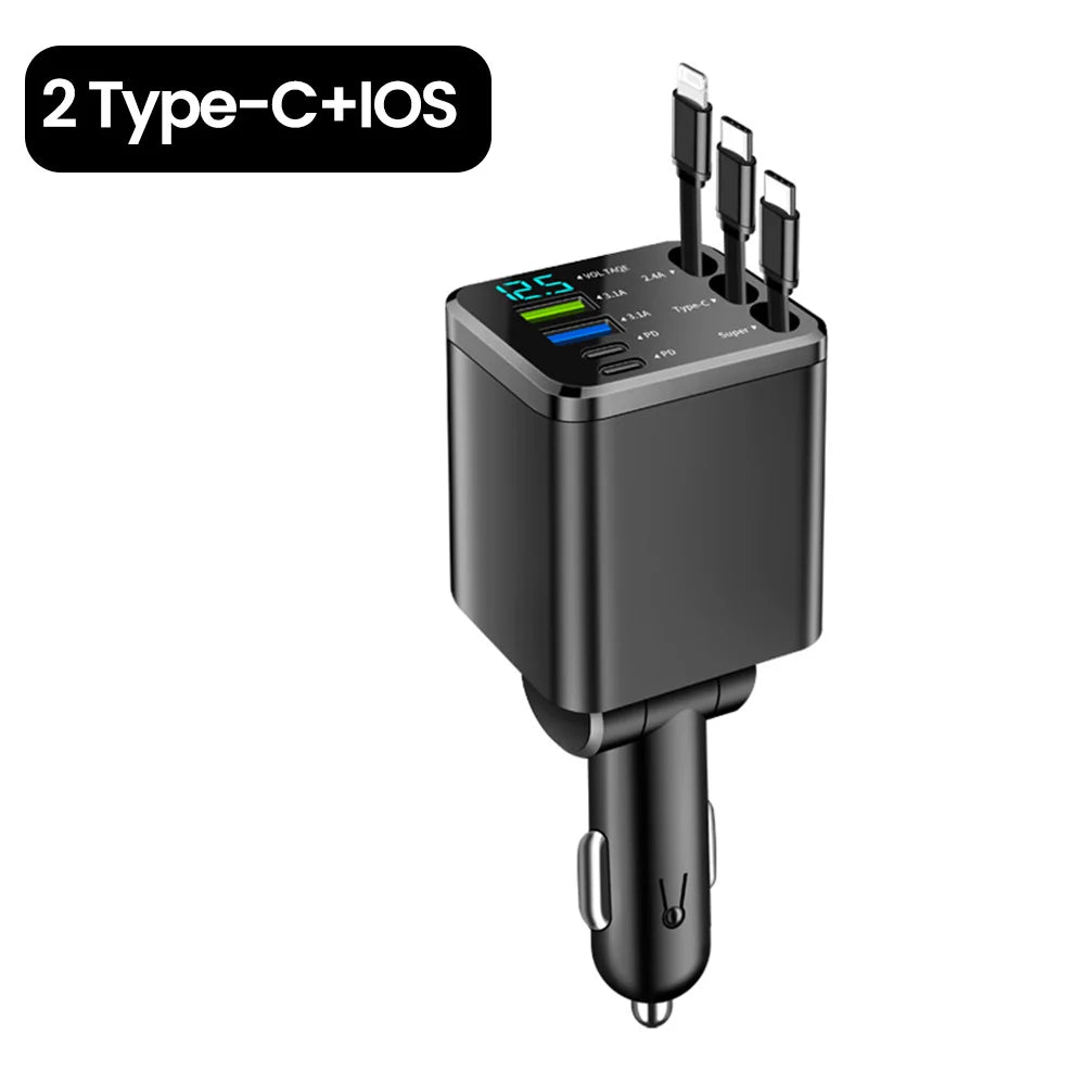 Elough 7-in-1 Retractable Car Charger - Multi-Port USB-C & iOS Charging Adapter with Quick Charge Support for iPhone & Samsung