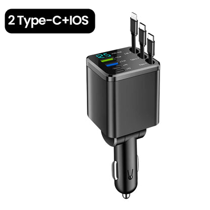 Elough 7-in-1 Retractable Car Charger - Multi-Port USB-C & iOS Charging Adapter with Quick Charge Support for iPhone & Samsung