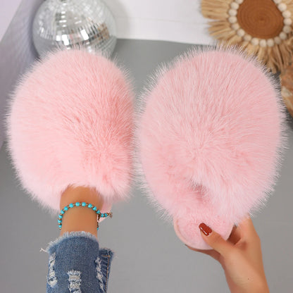 Women’s Winter Fashion Fur Slippers – Fluffy Plush Luxury Outdoor Non-Slip Flat Slides