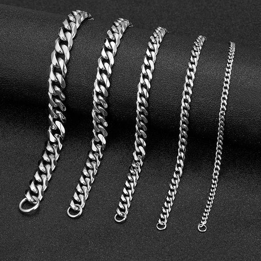 MKENDN Punk Rock Stainless Steel Cuban Curb Link Chain Bracelet – 3–11mm Silver Biker Jewelry for Men & Women