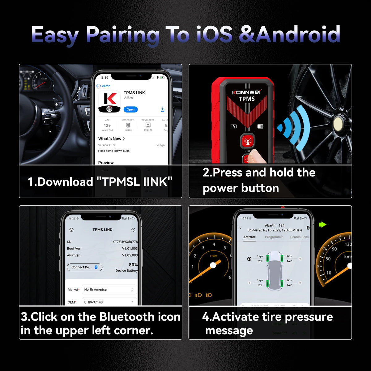 KONNWEI TK100 TPMS Programming Tool - 315/433MHz Tire Pressure Sensor Activator & Reset Tool with Lifetime Free Upgrades