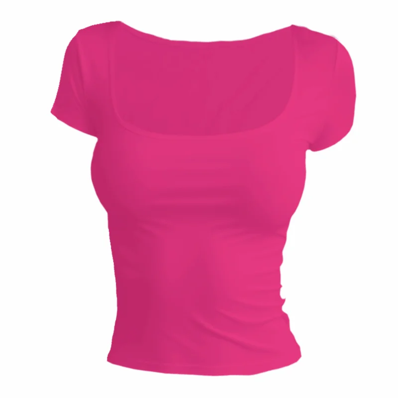 Women’s Short Sleeve Summer T-Shirt – Slim Fit Solid Color Square Neck Elastic Y2K Streetwear Fashion Tee Top QX33