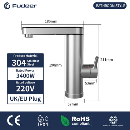 Fudeer 3400W 220V Electric Kitchen Water Heater Tap – Instant Hot & Cold Stainless Steel Faucet Heater