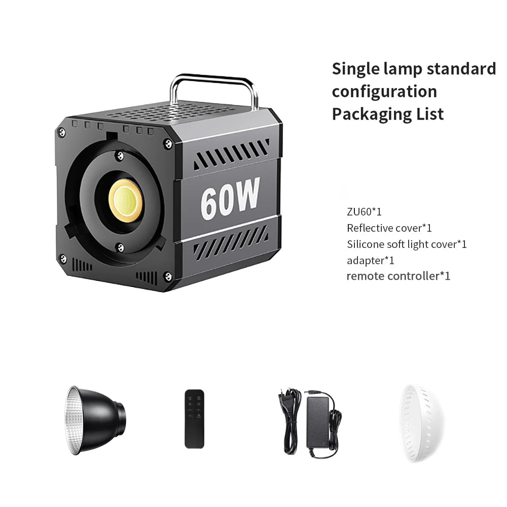 60W COB Video Light - CRI≥90, TLCI≥97, Dual Color Temperature 2700K-6500K, Portable Mini Bowens Live Lighting