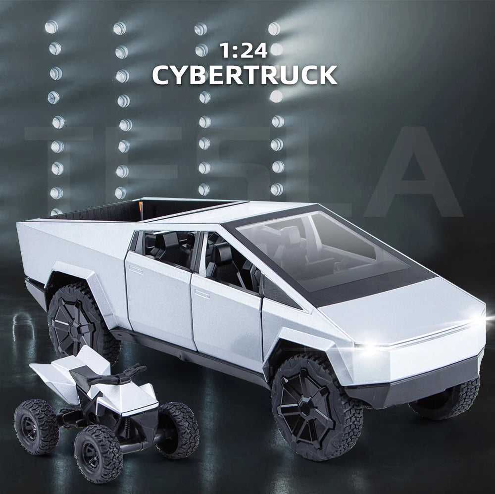 1:24 Cybertruck Model Silver Diecast Pickup Toy Car with Sound & Light for Kids 3+