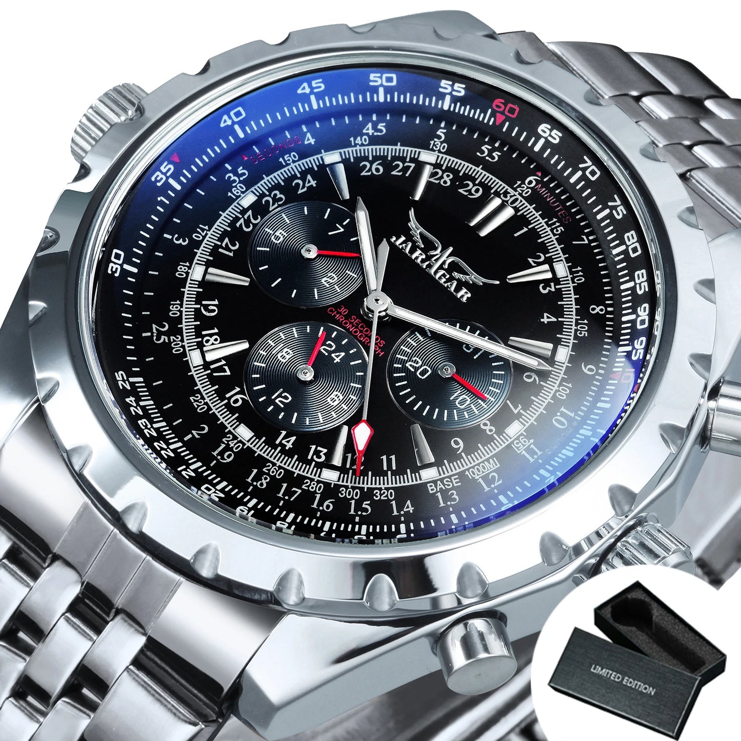 JARAGAR Pilot Mechanical Watch for Men – Multifunctional Small Dials, Leather & Steel Strap, Sports Military Automatic Watch