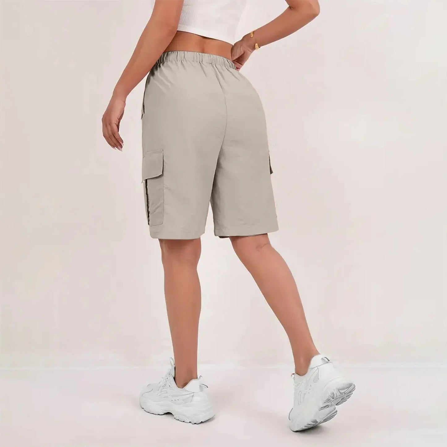 Women’s High-Waisted Cargo Shorts - Loose Straight-Leg Drawstring Sports Shorts with Multiple Pockets