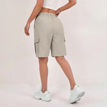 Women’s High-Waisted Cargo Shorts - Loose Straight-Leg Drawstring Sports Shorts with Multiple Pockets