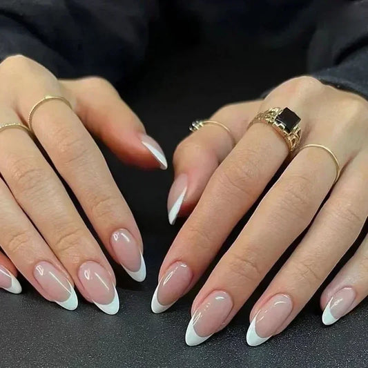 24Pcs French Press On Nails - Almond Fake Nail Tips with Glue, White Edge Design & Pink Stiletto Style Manicure Set