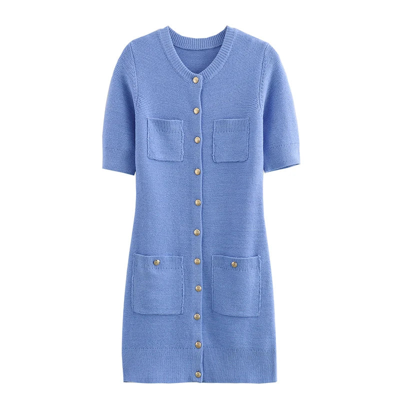 2025 New Women’s Knit Slim Mini Dress – Elegant Single-Breasted Solid Color Office & Daily Commuting Vestido