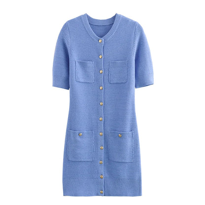 2025 New Women’s Knit Slim Mini Dress – Elegant Single-Breasted Solid Color Office & Daily Commuting Vestido