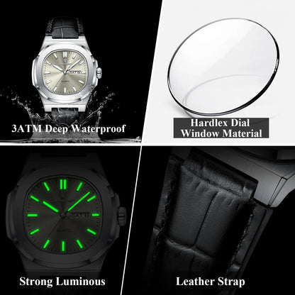 POEDAGAR Luxury Men’s Square Quartz Watch – Luminous Waterproof Leather Strap with Week Calendar
