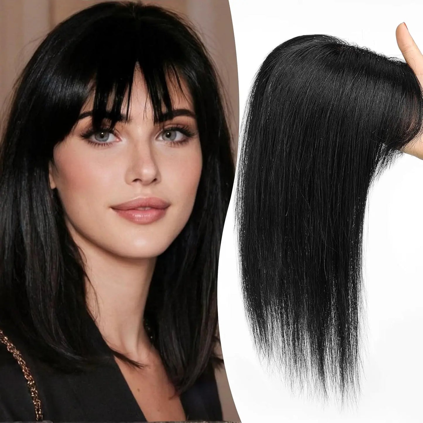 12 Inch Real Human Hair Topper with Bangs – Ombre Light Brown Silk Lace Base, 3-Clip Hair Extension for Women