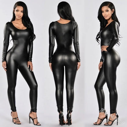 Women's PU Leather Bodysuit - Black Long Sleeve Party Jumpsuit