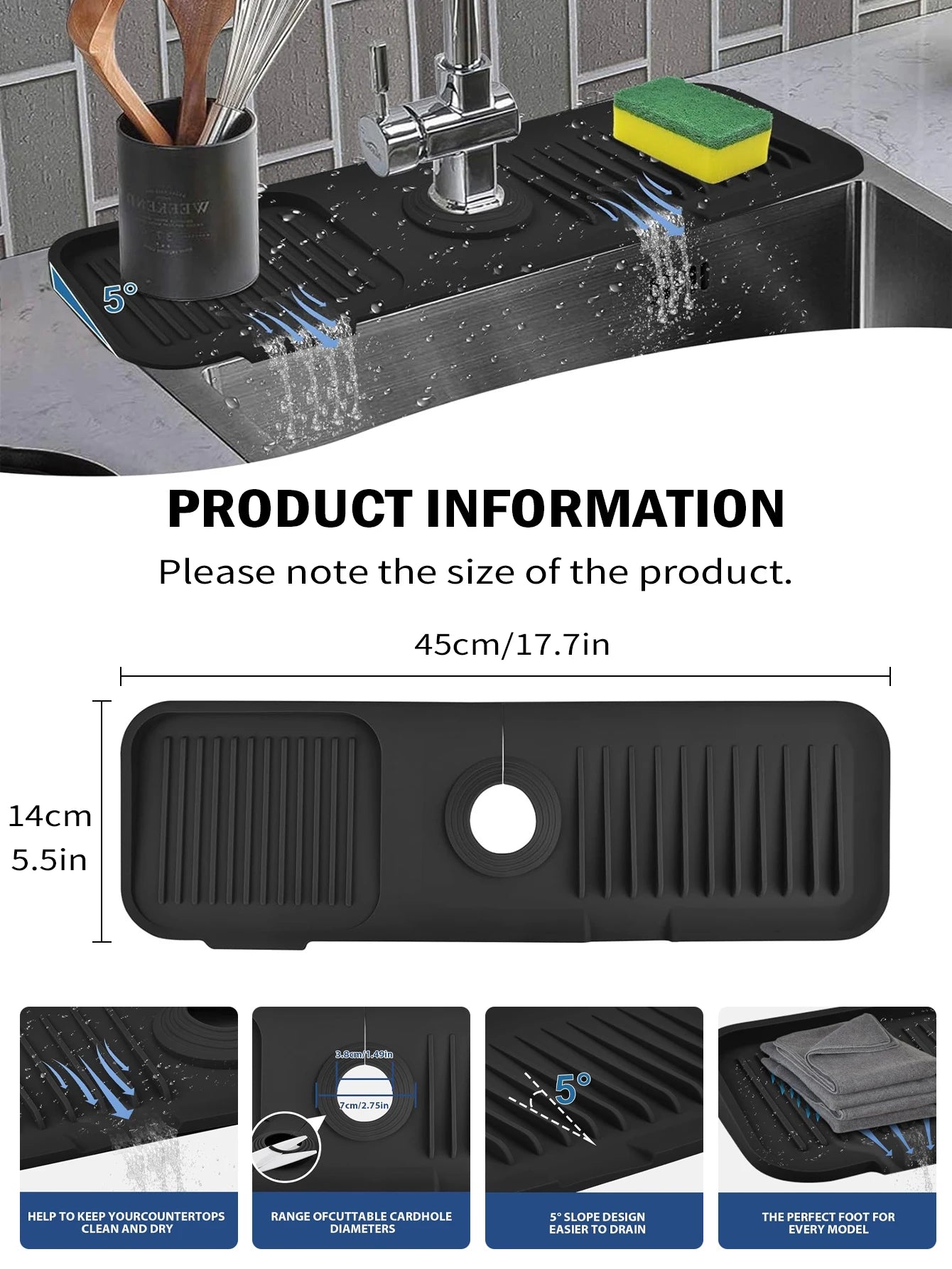 Leeseph Kitchen Silicone Sink Faucet Mat - Splash Guard & Absorbent Sink Protector - Kitchen Sink Gadgets