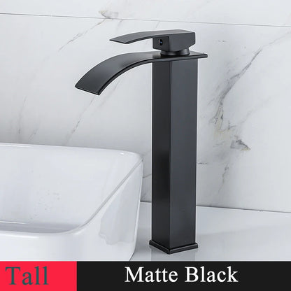 Bathroom Basin Sink Faucet - Deck Mount Waterfall Spout Tap with Single Handle, Hot & Cold Water Mixer for Vanity Washbasin