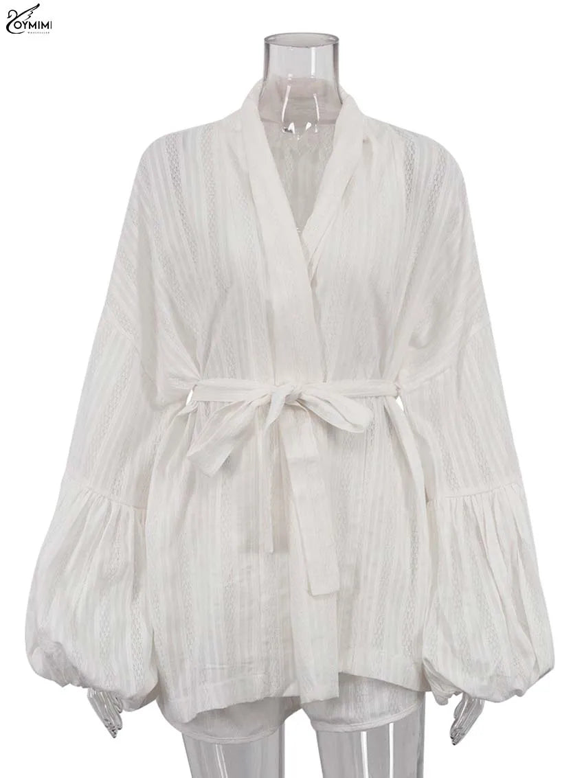 Oymimi Women’s White Cotton Two-Piece Set – Elegant Puff Sleeve Lace-Up Shirt & High-Waisted Shorts