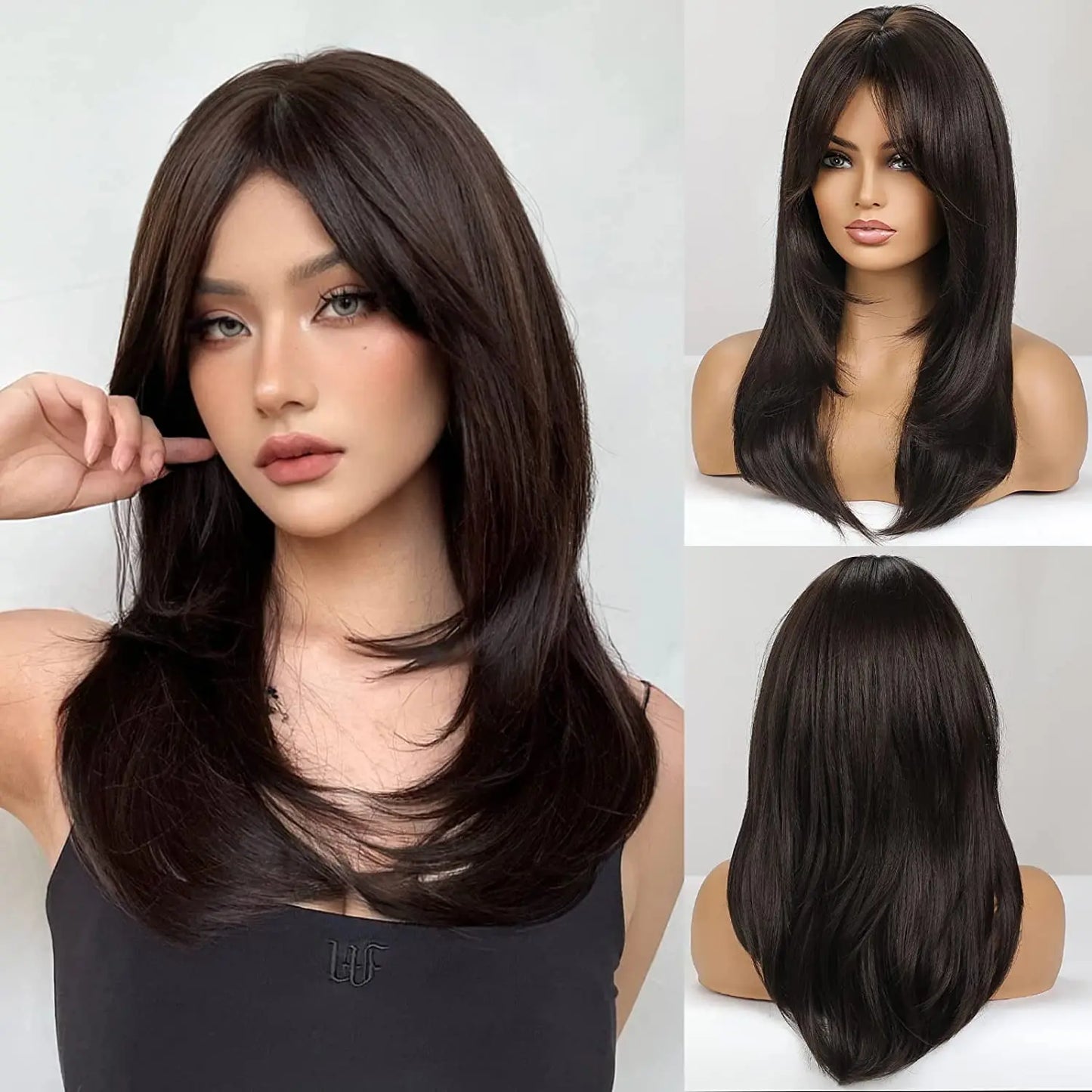 ALAN EATON Blonde Layered Synthetic Wig with Bangs – Long Straight Heat-Resistant Wig for Women & Girls, Natural Daily Hair