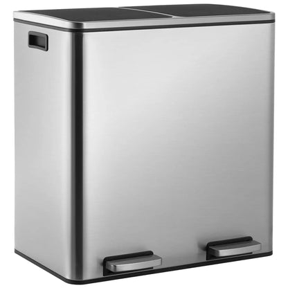 60L Dual Compartment Kitchen Step Trash Can – Hands-Free, Soft-Close Lid, Brushed Stainless Steel
