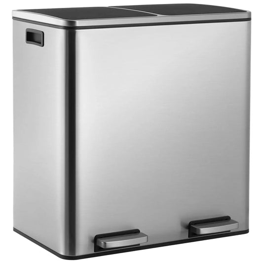 60L Dual Compartment Kitchen Step Trash Can – Hands-Free, Soft-Close Lid, Brushed Stainless Steel