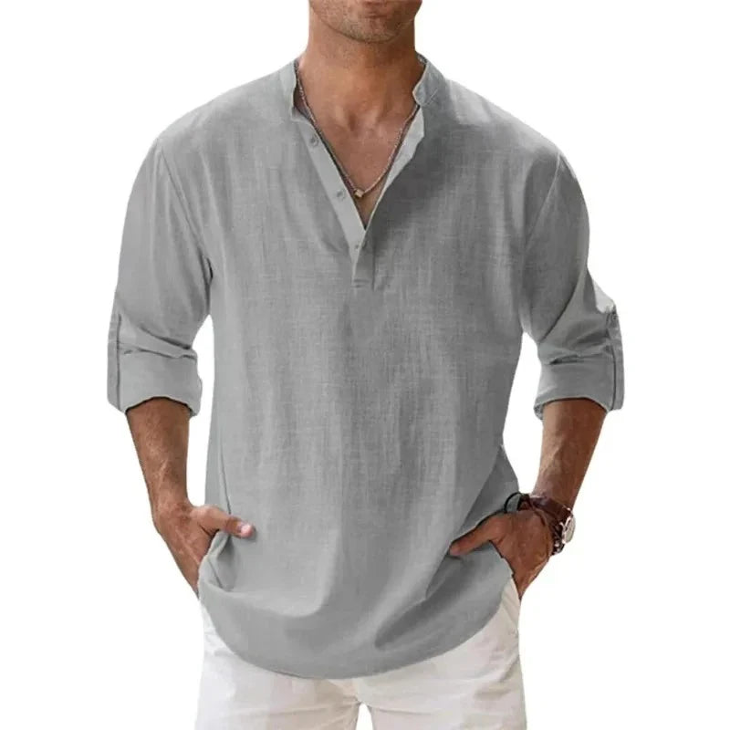 Men’s Lightweight Long Sleeve Henley Shirt — Cotton Linen Streetwear, Beach & Hawaiian Style