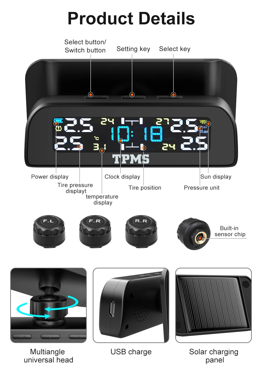 Solar Car TPMS Tire Pressure Monitoring System – 4 External Sensors with Temperature Alarm for Tyre Safety
