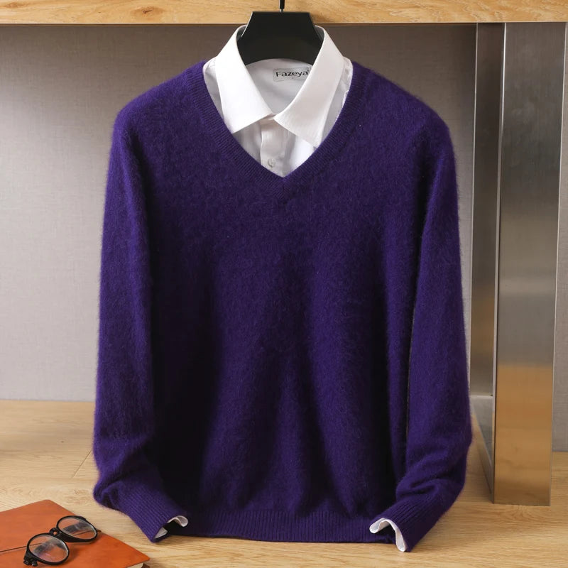 Men’s 100% Pure Mink Cashmere Sweater – V-Neck Knit Pullover, Long Sleeve Winter Jumper, Large Size High-End Top